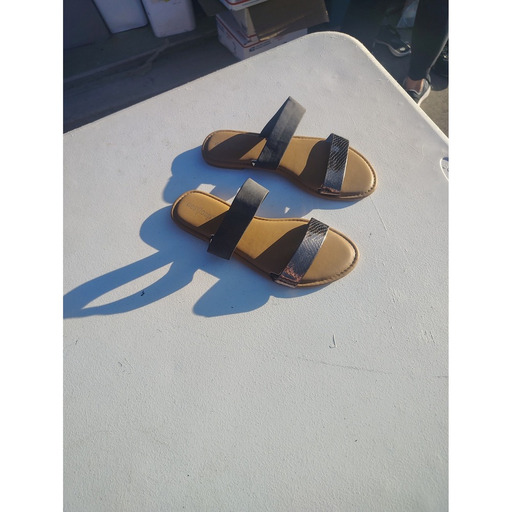 West Loop Womens‎ Dual Strap Slide Sandals Black Metallic Snakeskin Flat Summer